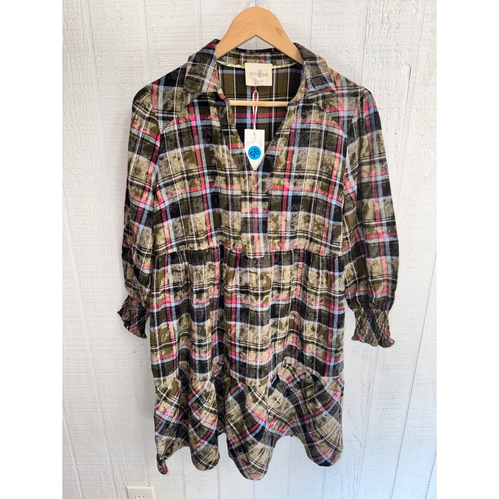 Umgee Plaid Babydoll Dress Womens Olive Pink Acid Wash Tiered Mini S/M